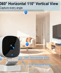 Indoor 2K HD WiFi Security Camera For Home Use With Phone App Two Way Audio Night Vision And 24 7 SD Card Storage Pet Baby Monitor Keeps An Eye On The Fam And Pets Works With iOS And Android 2.4G Only showing 360-degree view in living room