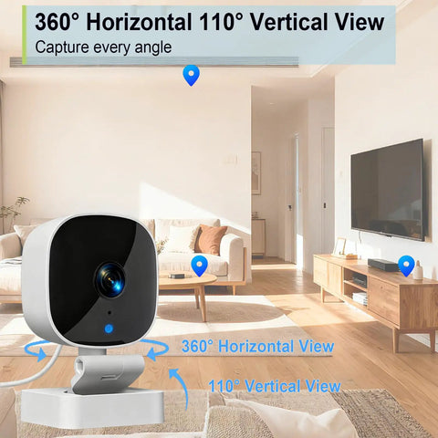 Indoor 2K HD WiFi Security Camera For Home Use With Phone App Two Way Audio Night Vision And 24 7 SD Card Storage Pet Baby Monitor Keeps An Eye On The Fam And Pets Works With iOS And Android 2.4G Only showing 360-degree view in living room