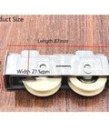 Buttery Smooth Double Wheel Window Roller 802 Style Stainless Steel Frame with Adjustable Nylon Bearing System for Sliding Aluminum Doors and Windows Narrow Gauge Track Heavy Duty Replacement Fix, showing size dimensions 87mm length, 27.5mm width, 21mm thickness.
