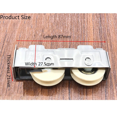 Buttery Smooth Double Wheel Window Roller 802 Style Stainless Steel Frame with Adjustable Nylon Bearing System for Sliding Aluminum Doors and Windows Narrow Gauge Track Heavy Duty Replacement Fix, showing size dimensions 87mm length, 27.5mm width, 21mm thickness.