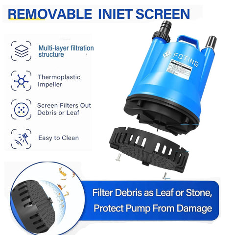 Portable Submersible Sump Pump No Nonsense 1/4HP 1676GPH for Clean and Dirty Water Removal with removable inlet screen