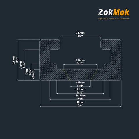 Diagram of T-track dimensions for Four Piece 48 Inch Aluminum T Track Set With Screws Predrilled Holes Universal T Slot