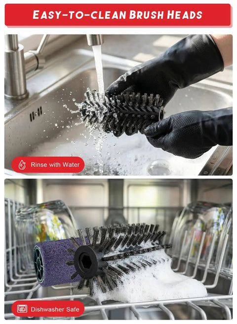 Beast 800 RPM Cordless Grill Scrubber brush heads rinsed in sink and placed in dishwasher, non-shedding stainless steel, easy to clean.