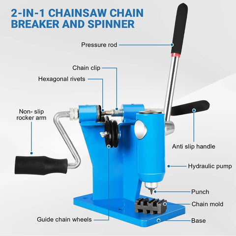 Blue 2 In 1 Chainsaw Chain Breaker And Spinner Tool Kit with labeled parts including punches and chain molds on display