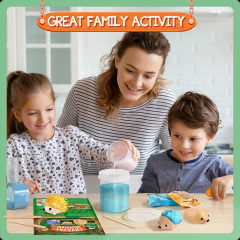 Hedgehog Crystal Growth Kit For Kids 6-12 - See Blue And Orange Crystals Form In 24 Hours, A Fun Hands-On STEM Gift That Feels Like Real Chemistry, Easy Step-By-Step Instructions For Curious Builders. Family activity with hedgehog kit, crystals, cups, and tools