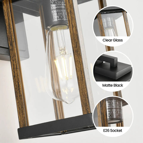 Outdoor Wall Sconce With Wood Grain Finish And Black Exterior Light Fixtures Clear Glass Weatherproof Anti Rust Porch Lights For Garage Doorway Entryway Patio And Garden Boss Level Exterior Lighting showing E26 socket detail.