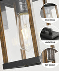 Close-up of 14 Inch Outdoor Wall Lantern showing clear glass, wood grain finish, matte black frame, and E26 socket.