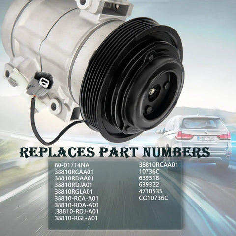 Heavy Duty AC Compressor For 2005 To 07 Honda Odyssey Accord Pilot Crank Fits Acura MdX Tl OEM 38810RCCA01 CO 10736C close up with part numbers.