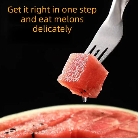 Two Pack Stainless Steel Watermelon Cutter Slicer Dual Head Kitchen Gadget with 2-in-1 fork scooping watermelon cubes