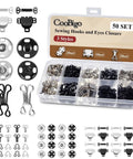 All-In-One Hook And Eye Sewing Kit With Bra, Skirt And Snap Fasteners shown in storage box with closures displayed.
