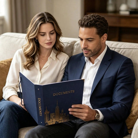 Couple looking at Important Document Organizer Linen Binder With 12 Expanding Pockets For Docs To Help You Organize Like A Pro