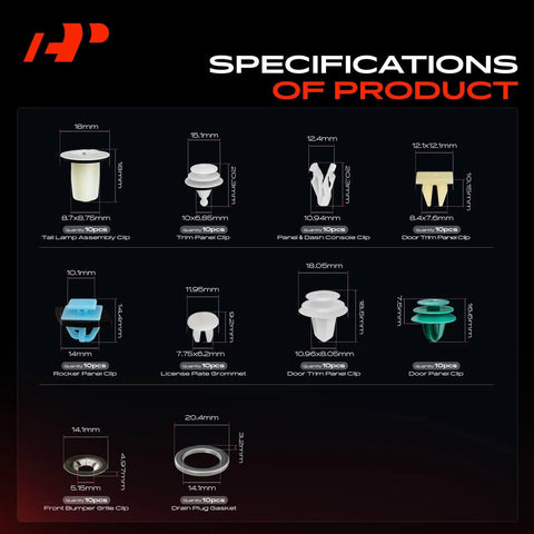 Specifications of 220 Piece Retainer Clip Kit Fastener Replacement Set For Hyundai Venue Body Panel Trim Bumper Fender Bolts.