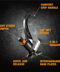 Lightweight Pneumatic 2-In-1 Flooring Nailer And Stapler with labeled parts, including handle, magazine, base plates, on dark background