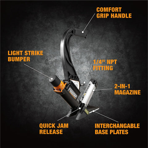 Lightweight Pneumatic 2-In-1 Flooring Nailer And Stapler with labeled parts, including handle, magazine, base plates, on dark background