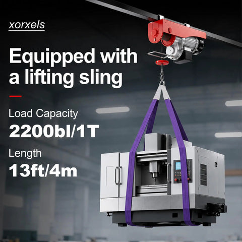 Heavy Duty 110 Volt Electric Hoist Winch With 2200 Lb Capacity lifting a machine with purple sling in warehouse.