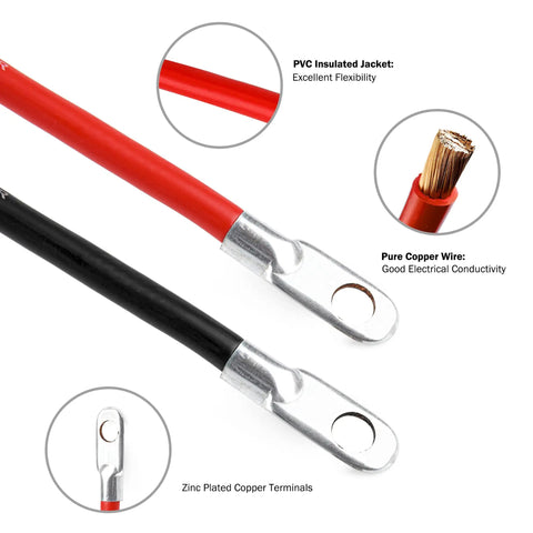Top Tier 4 Awg Battery Cable Set 18 Inch with 3 8 Copper Stud Lugs showing flexible PVC insulation and zinc plated terminals.