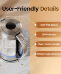 1.7L Glass Electric Kettle for Coffee and Tea With 6 Temperature Presets featuring user-friendly details.
