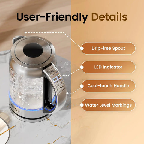 1.7L Glass Electric Kettle for Coffee and Tea With 6 Temperature Presets featuring user-friendly details.