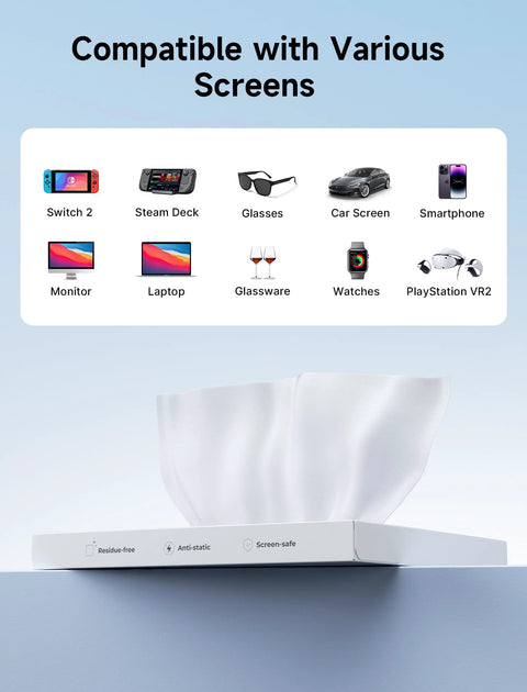 Front view of JSAUX white microfiber cleaning cloths, 50-pack, 6x6 in, for glasses and device screens.