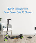 12V Replacement Charger For Power Core 90 And E90 E95 Electric Scooters And Kids Ride Ons plugged into wall outlet