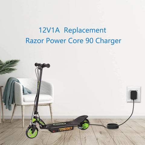 12V Replacement Charger For Power Core 90 And E90 E95 Electric Scooters And Kids Ride Ons plugged into wall outlet