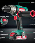 Cordless Drill Driver 20V Workhorse Kit With 330 Inch Pound Torque 1500 RPM 2Ah Li Ion Battery and built-in LED, side view
