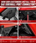 Installation guide for SAE sidewall port connector with waterproof plug on motorcycle, focusing on secure connection and installation.