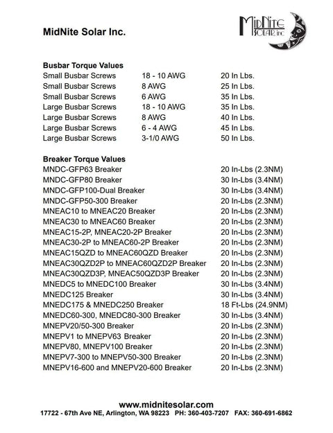 MidNite Solar torque values chart for busbars and breakers