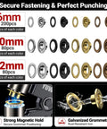 DIY Friendly Grommet Kit With Case Pro Grade Hole Punch Set showing 6mm, 10mm, 12mm rust-resistant grommets in silver, black, gold, brown.