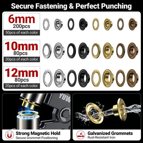 DIY Friendly Grommet Kit With Case Pro Grade Hole Punch Set showing 6mm, 10mm, 12mm rust-resistant grommets in silver, black, gold, brown.