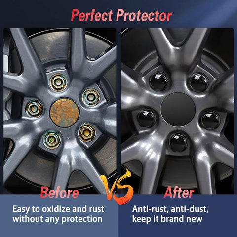 Before and after view of Tesla No Logo Wheel Center Caps Kit for Model Y and Model 3, Slick Matte Black Hub Covers for 19 Inch and 20 Inch Wheels.