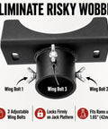 2 In 1 Bottle Jack Adapter With Triple Lock, three wing bolts highlighted, fits rams up to 1.65 inches, no risky wobble