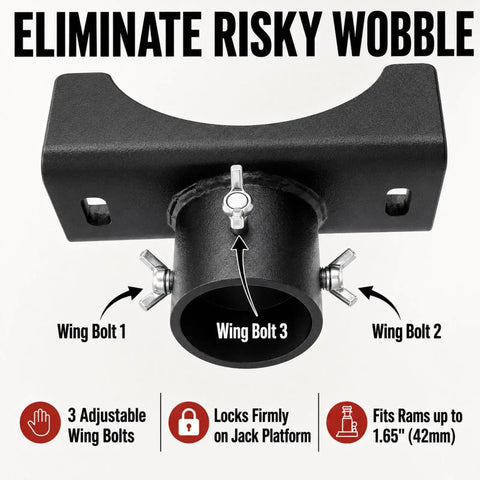 2 In 1 Bottle Jack Adapter With Triple Lock, three wing bolts highlighted, fits rams up to 1.65 inches, no risky wobble