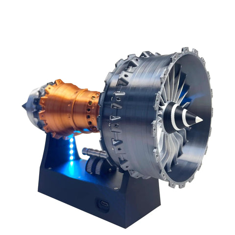Jet Engine Model TR900 Turbofan Kit, realistic replica on stand, detailed silver and copper design, STEM educational project