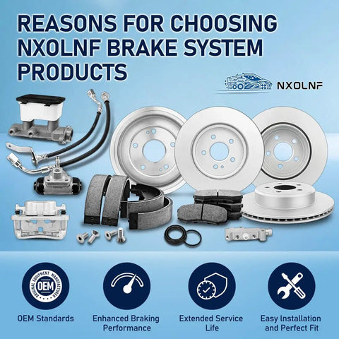 NXOLNF brake system parts including rotors, calipers, pads, and hoses for enhanced vehicle braking performance.