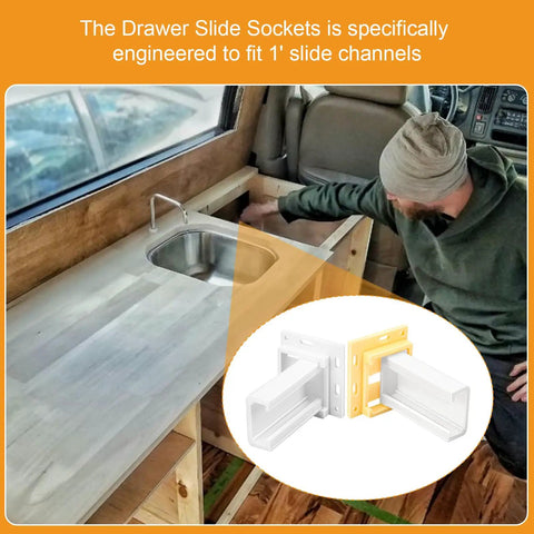 Bulletproof RV Drawer Slides 3 Pack With Four Way Adjustable Base Fits 1 Inch Channels, installed in RV kitchen cabinet.