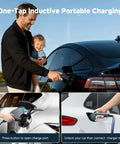 Man and child using Level 1 And 2 Portable Home EV Charger With 16Amp 110V To 240V Flex on car, showing charging process.