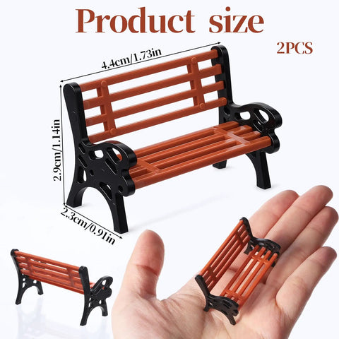 Two Pack 1 To 30 Scale Miniature Park Benches, In Classic Brown And Black Painted Finish, shown with measurements and in hand for size reference.