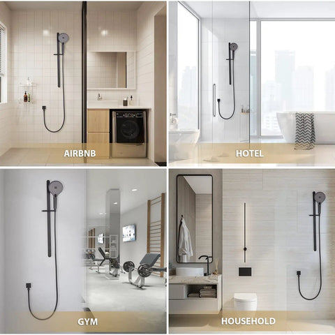 Matte Black Shower Kit With Slide Bar And Handheld Shower Head Brass Hose Adjustable Holder in various bathroom settings