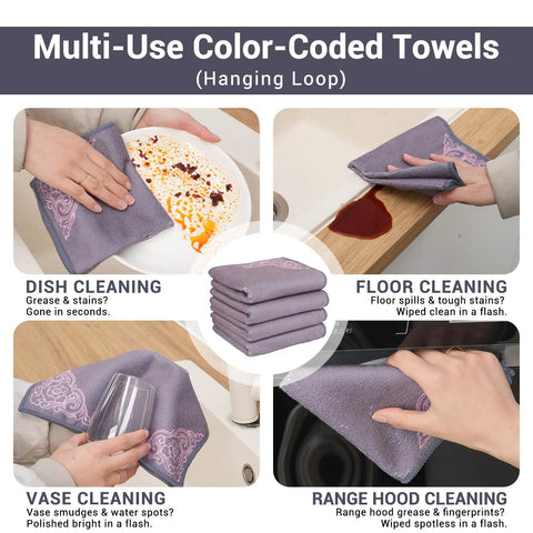 YUA microfiber cloths, 12-pack, gray with pink corner floral design; versatile for dish, floor, vase, range hood cleaning