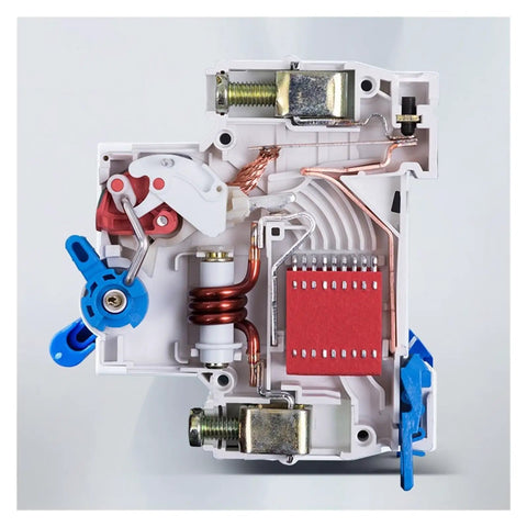 Built Tough 2 Pole Mini Circuit Breaker 230 400V showing internal components for efficient leakage protection and quick cut-off.