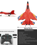 Top and side views of the SU27 RC Plane For Adults And Kids, red, with measurements 33cm x 26cm and remote control instructions.