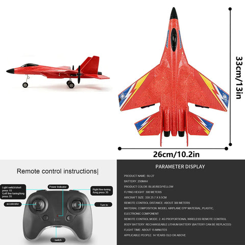 Top and side views of the SU27 RC Plane For Adults And Kids, red, with measurements 33cm x 26cm and remote control instructions.