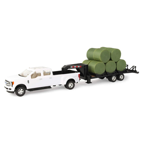 Ford Pickup With Gooseneck Trailer Bale Holder And Bales Farm Toy Set For Kids, realistic white and green play truck with hay bales