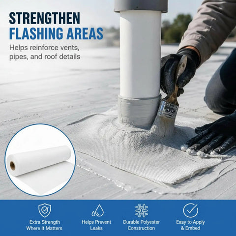 Applying Heavy Duty Polyester Roof Reinforcement Fabric 40X162 Ft White Elastomeric Coating Sealer around a pipe for leak prevention.