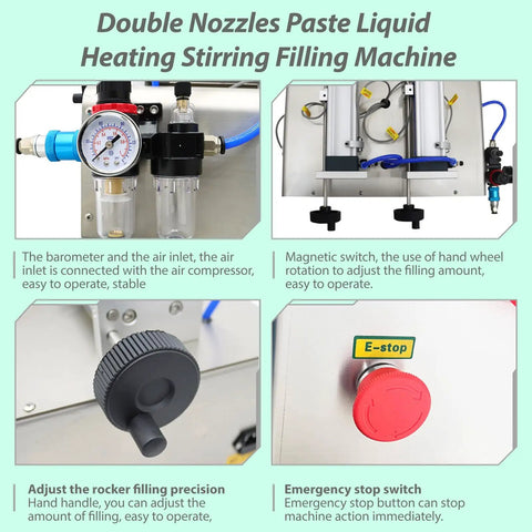 Top Shelf Pneumatic Piston Filler With Dual Stainless Steel Nozzles And Heating Stirring System Smooth No Drip Nonsense Liquid Paste Machine For Honey Cream Lotion Oil Cosmetics 110V control panel with double nozzles and barometer