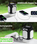 Rechargeable Camping Lantern With Five Sided Lighting, 1000 Lumens, 350 Hour Runtime, 30000mAh power bank charging multiple devices
