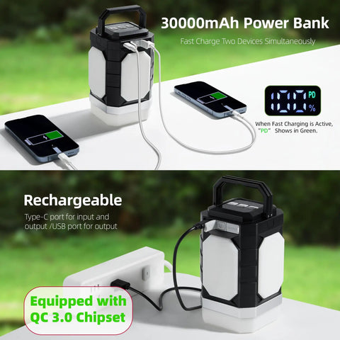 Rechargeable Camping Lantern With Five Sided Lighting, 1000 Lumens, 350 Hour Runtime, 30000mAh power bank charging multiple devices