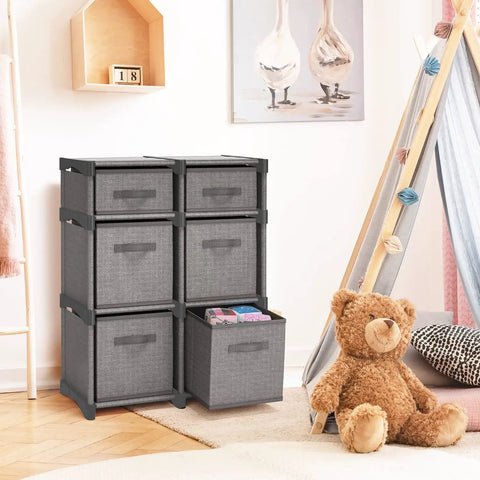 Six Cube Storage Organizer With Fabric Bins in a playroom, showcasing durable grey shelves and steel frame, featuring space saving cubbies.