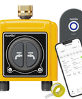 Smart WiFi Hose Timer For Garden Watering With Alexa Voice Control And Mobile App Hands Free Remote Scheduling And Manual Override Drip Irrigation Controller System With WiFi Hub featuring a yellow two-zone unit, controller, and smartphone app.